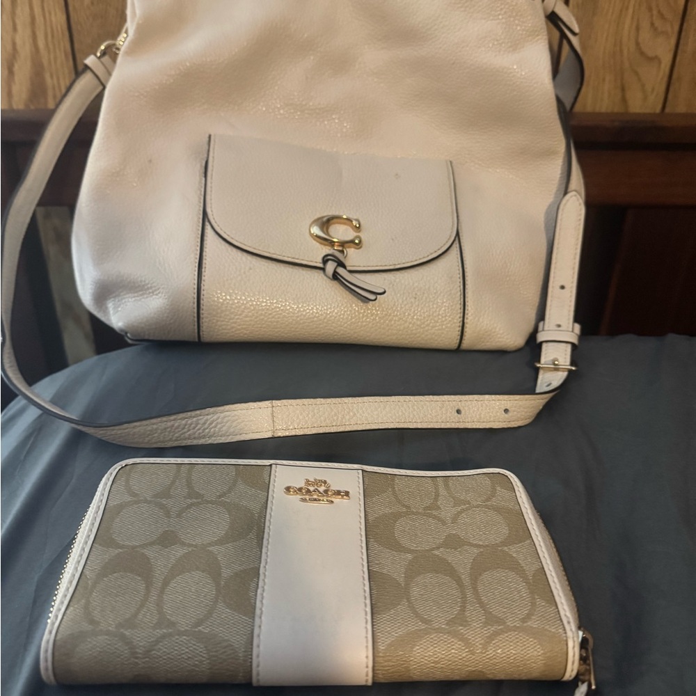 Coach White and Tan Hobo Bag with Wallet